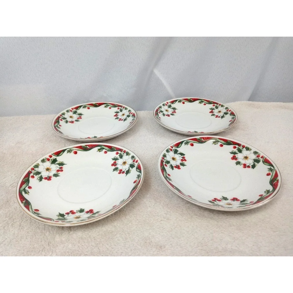 Set of 4 Gibson‎ Christmas Poinsettia & Holly Saucers 5.75